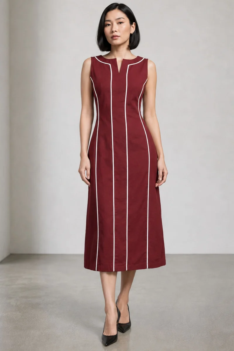 Soren|Cotton Contrast Piping Shift Midi Dress