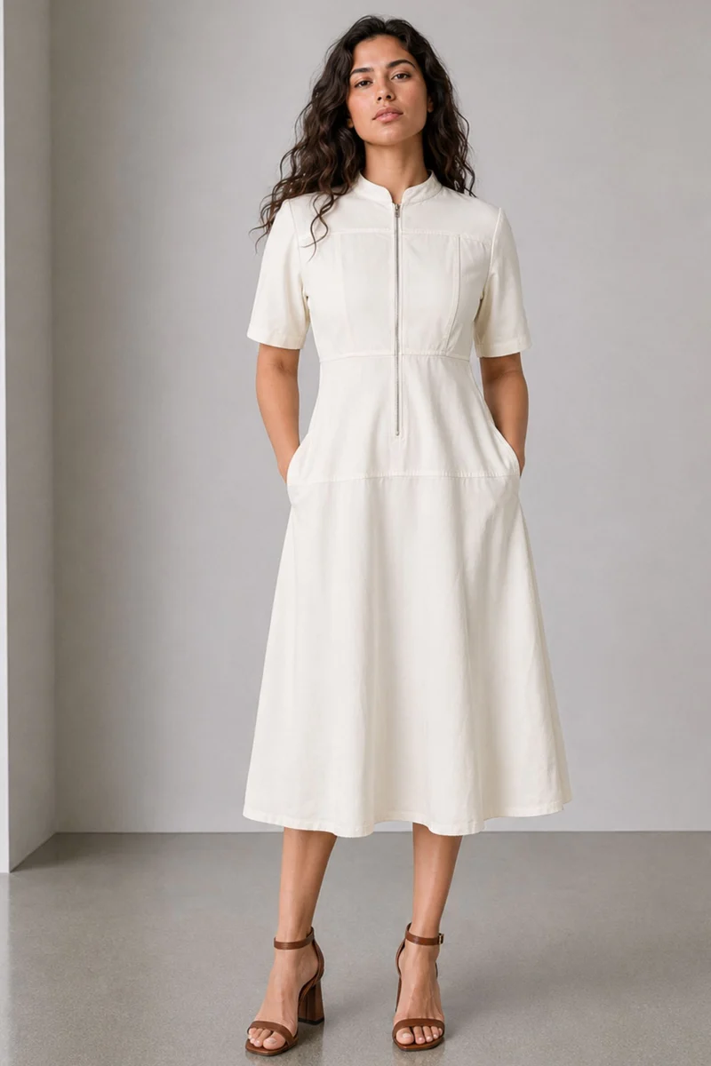 Vesta|Cotton Panelled Zipfront Maxi Dress