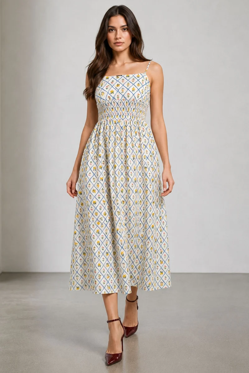 Avara|Cotton Printed Smocked Midi Dress