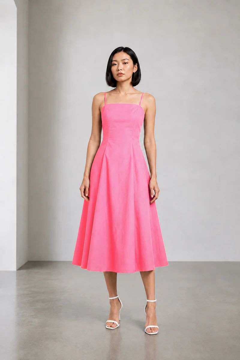 Arlen|Cotton Strappy Flared Midi Dress
