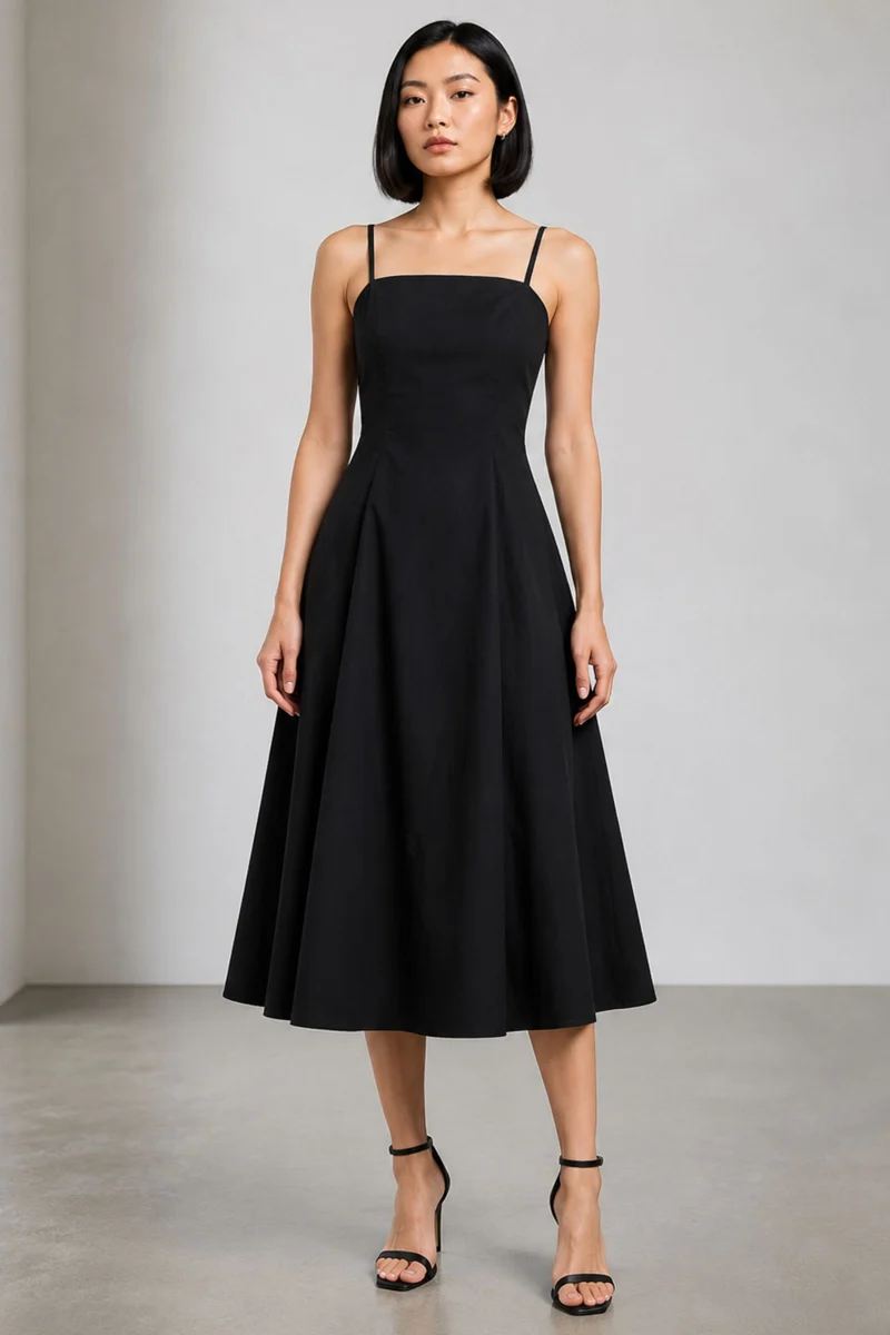 Riven|Cotton Strappy Flared Midi Dress