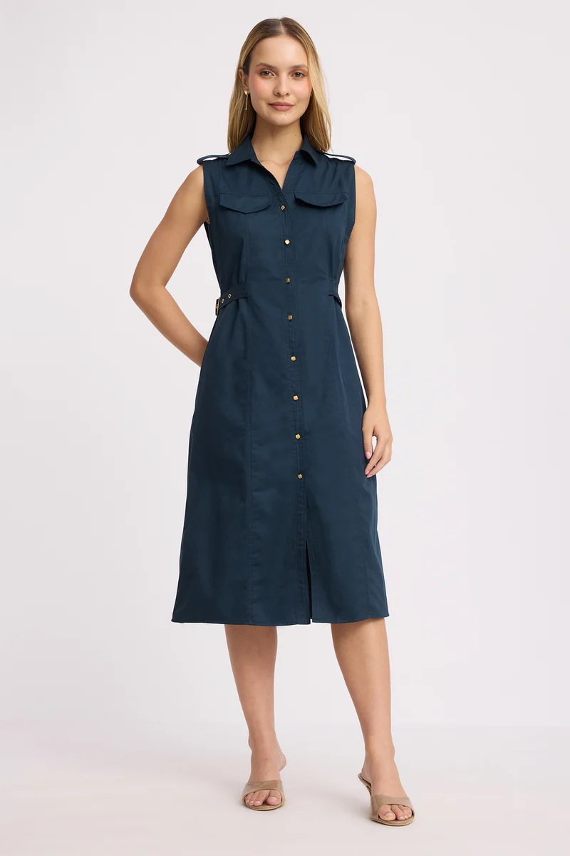 Kook|100% Cotton Sleeveless Belted Midi Dress