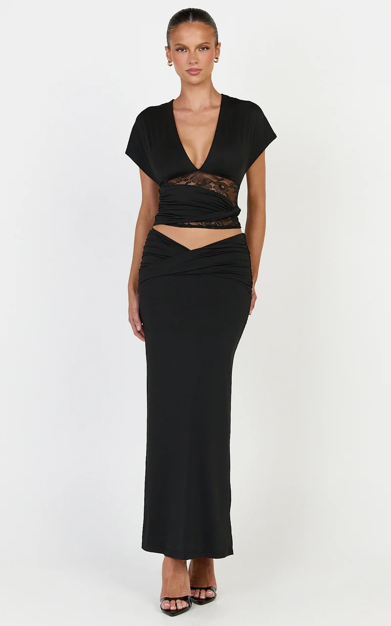 Sienne Maxi Skirt - Front Twist Overlay Skirt in Black
