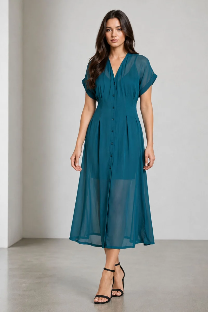 Willowna|Teal Button Down Viscose Georgette Dress