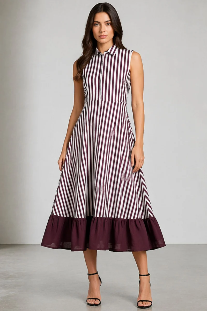 Junuo|Cotton Striped Collared Maxi Dress