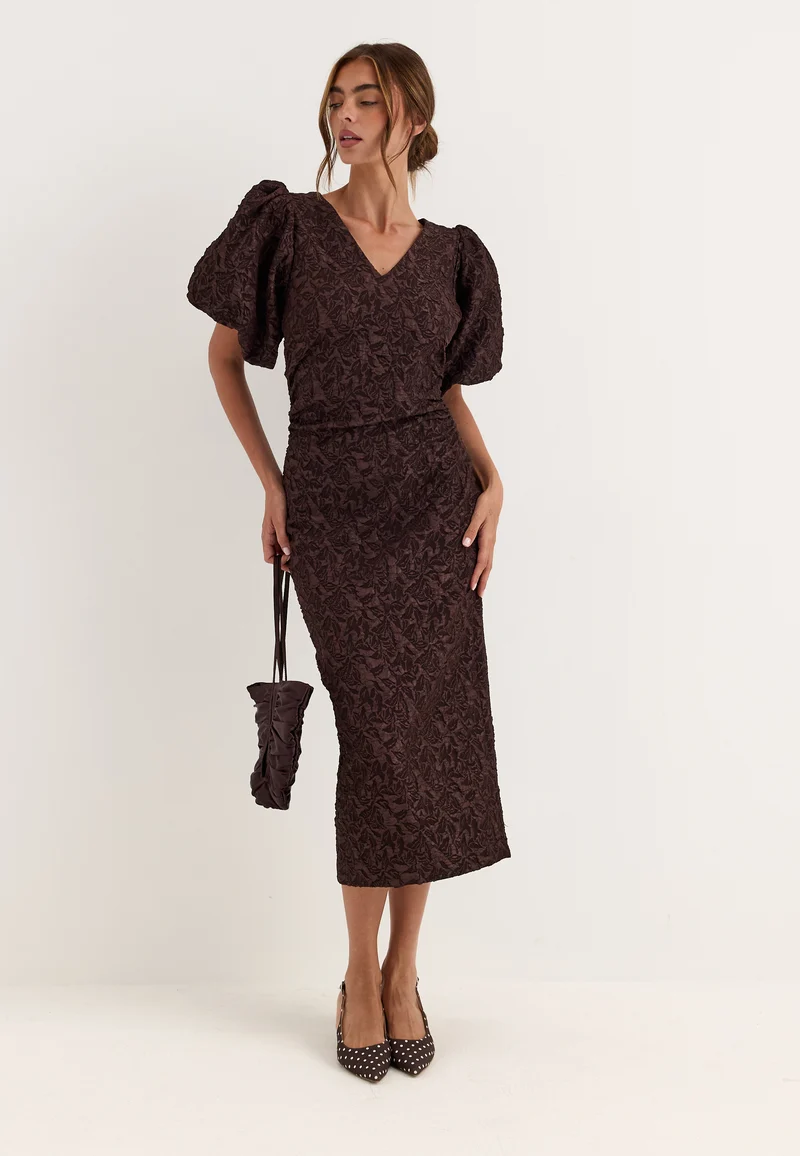 Puff Sleeve Jacquard Midi Dress