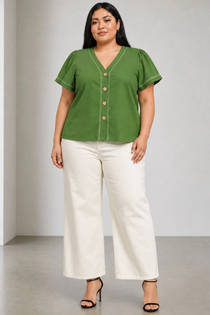 Junel|Cotton Vneck Lace Detail Shirt