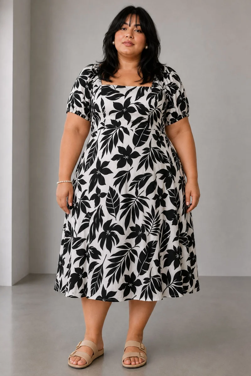 Mirel|Cotton Square Neck Puff Sleeve Midi Dress