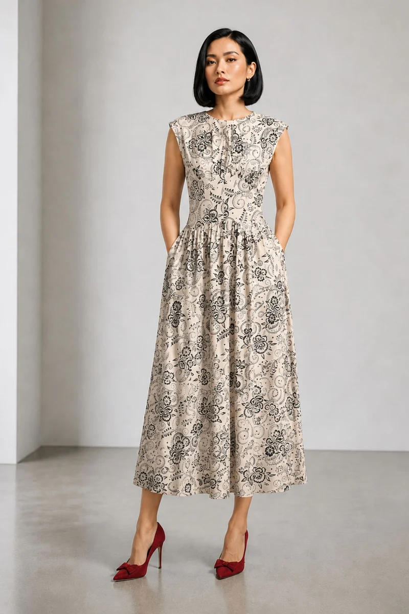 Calora|Cotton Printed Gathered Maxi Dress
