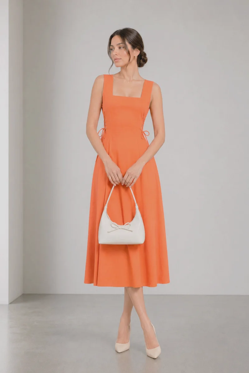 Mella|Viscose Side Lace Tieup Midi Dress