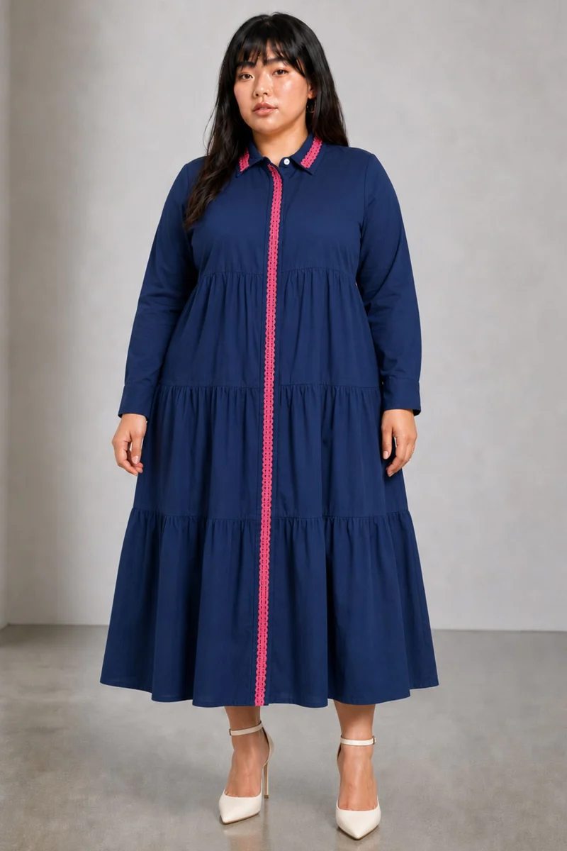 Aluna|Cotton Navy Embroidered Shirt Dress