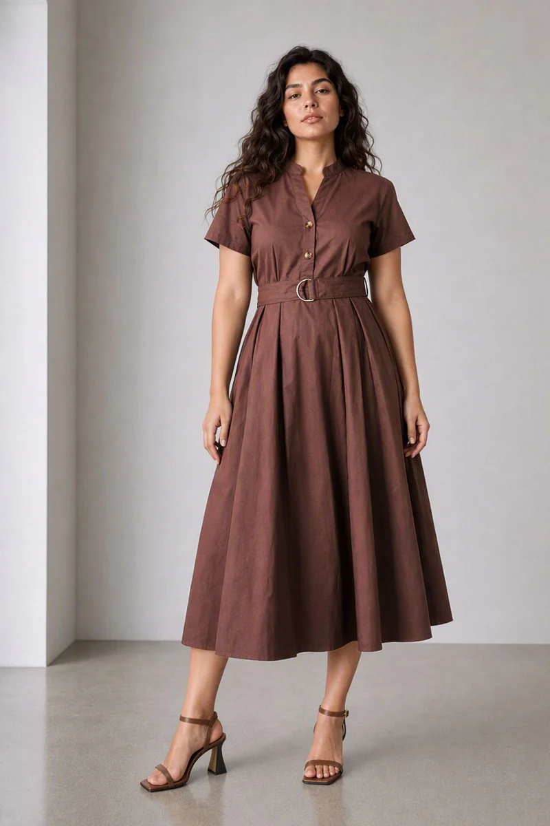 Tavia|Cotton Mandarin Collar Belted Midi Dress