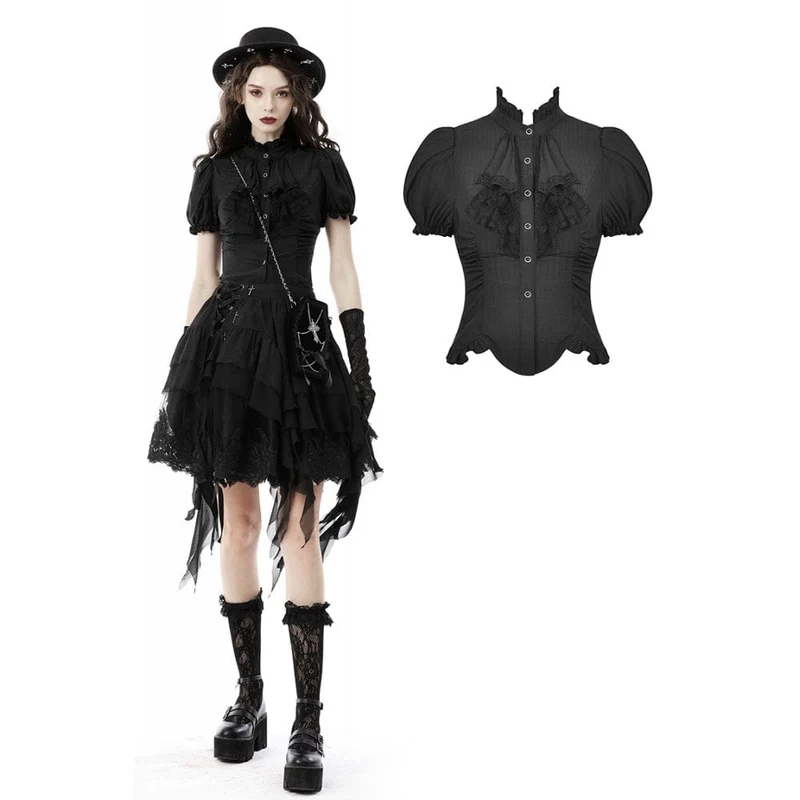 Gothic Ruffles kort puffärmad skjorta för kvinnor Svart