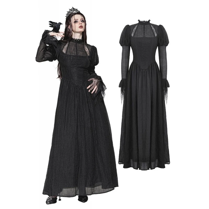 Gothic Puff Sleeved Spiderweb Split Witch Dress för kvinnor