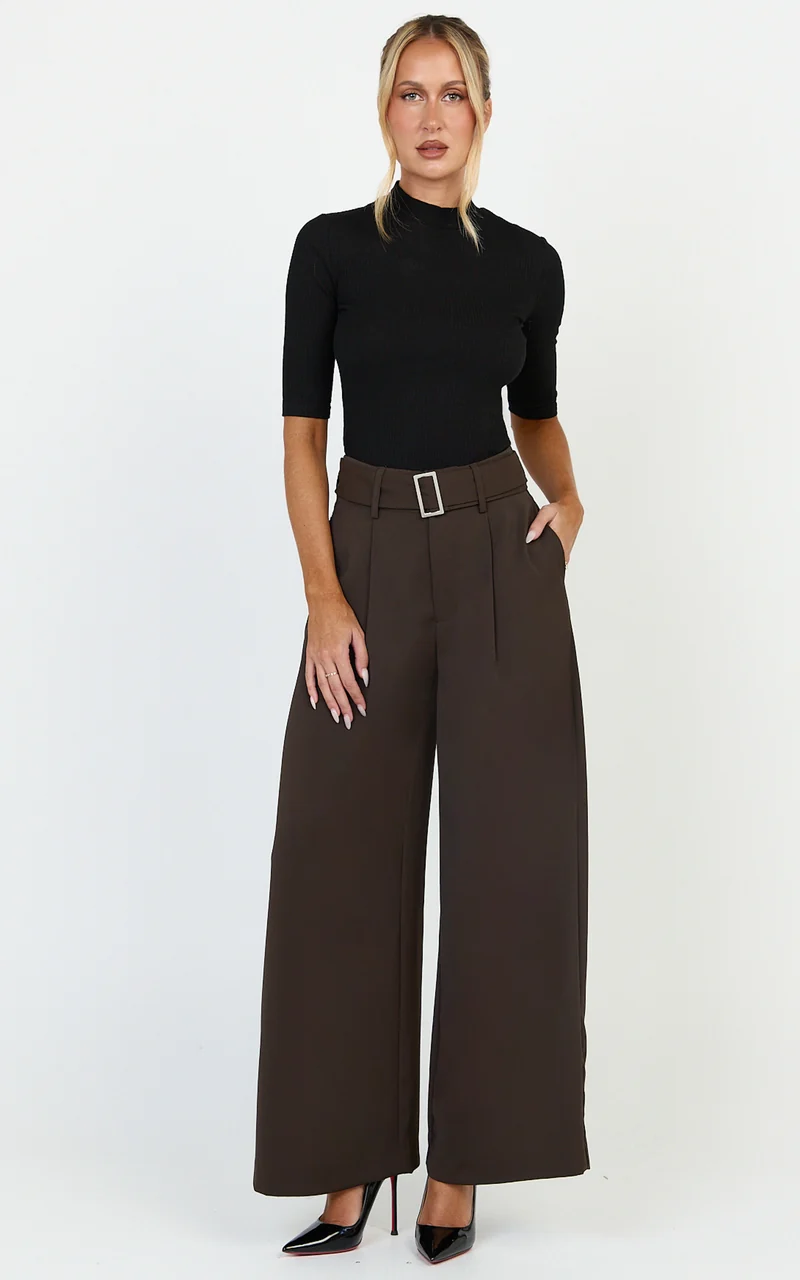 Stella Pants - High Waist Belted Wide Leg Pants in Dark Brown
