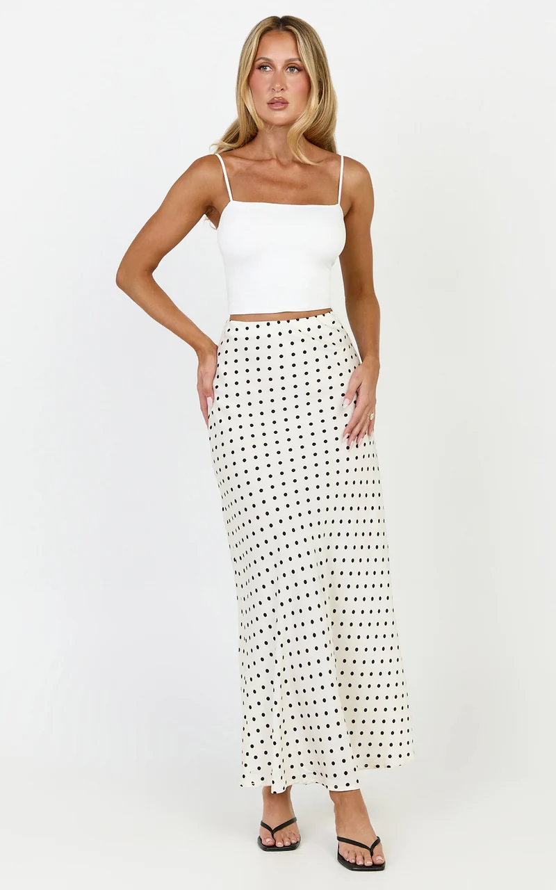 Amari Maxi Skirt - High Waisted Bias Cut Skirt in Cream and Black Polka