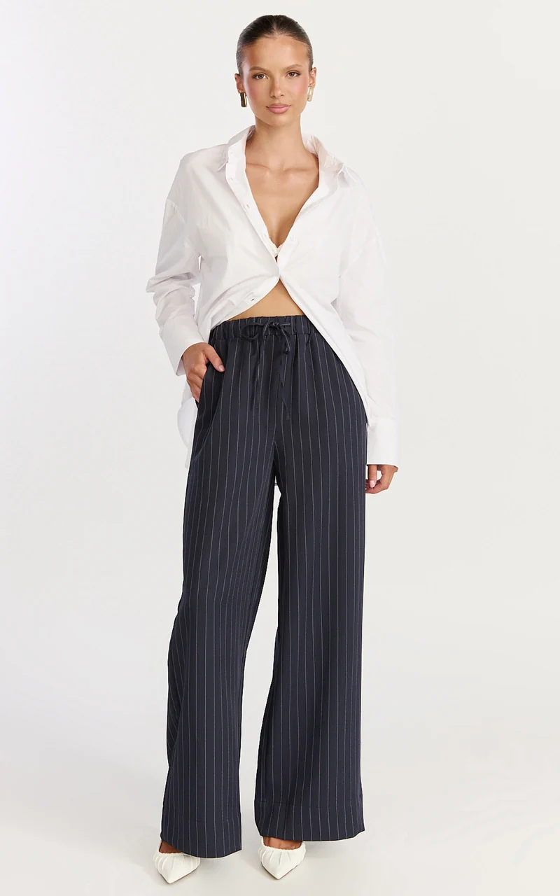 Amara Pants - High Waist Wide Leg Stripe Pants in Navy