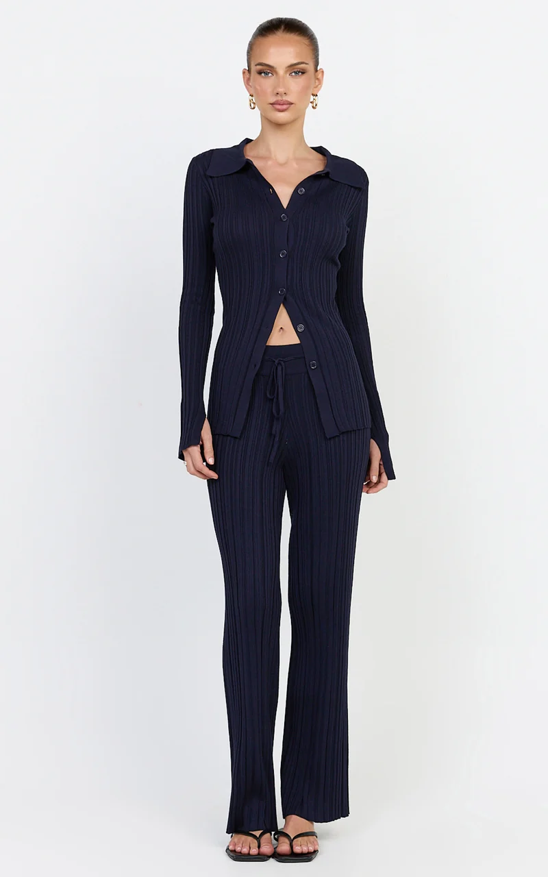 Kelsey Pants - High Drawstring Waist Knit Pants in Navy