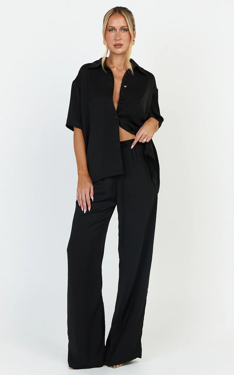 Robyn Pants - High Elastic Waist Relaxed Straight Leg Pants in Black