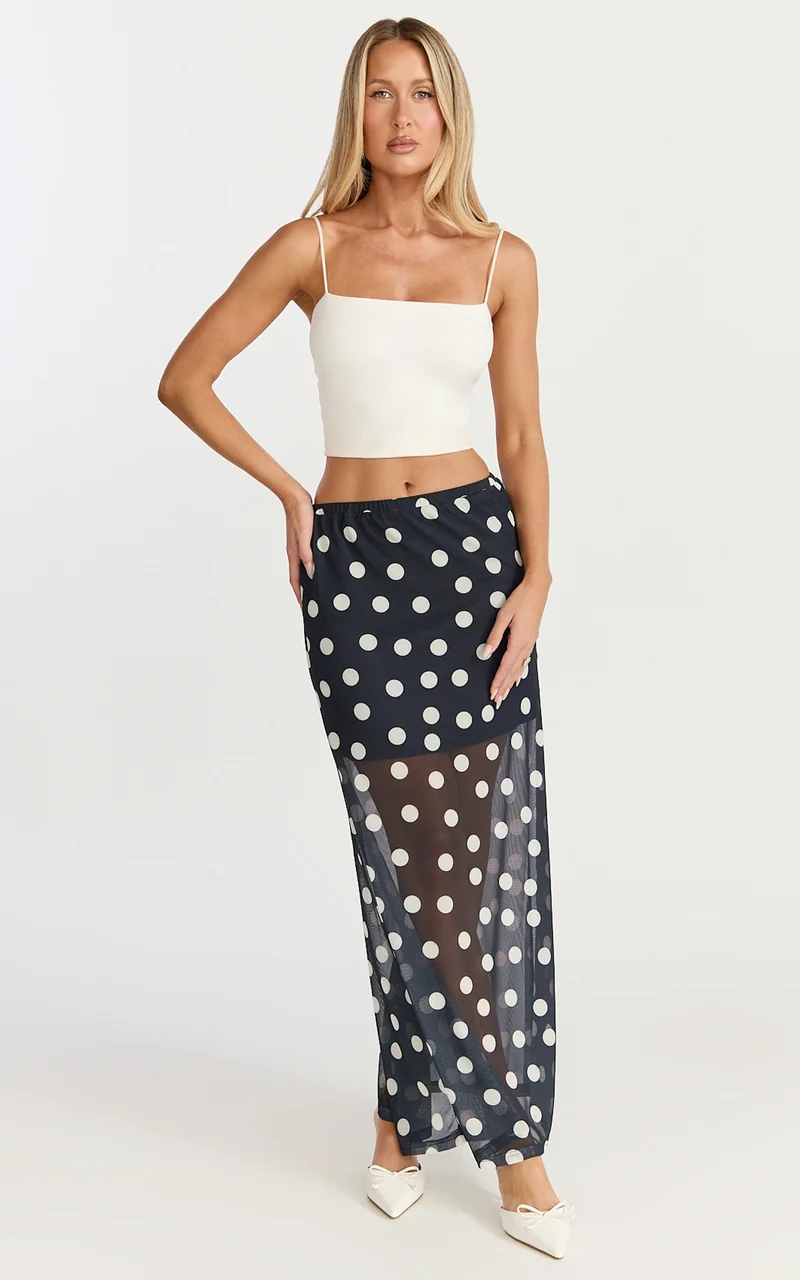 Ella Midi Skirt - Sheer Layered Skirt in Navy Polka Dot