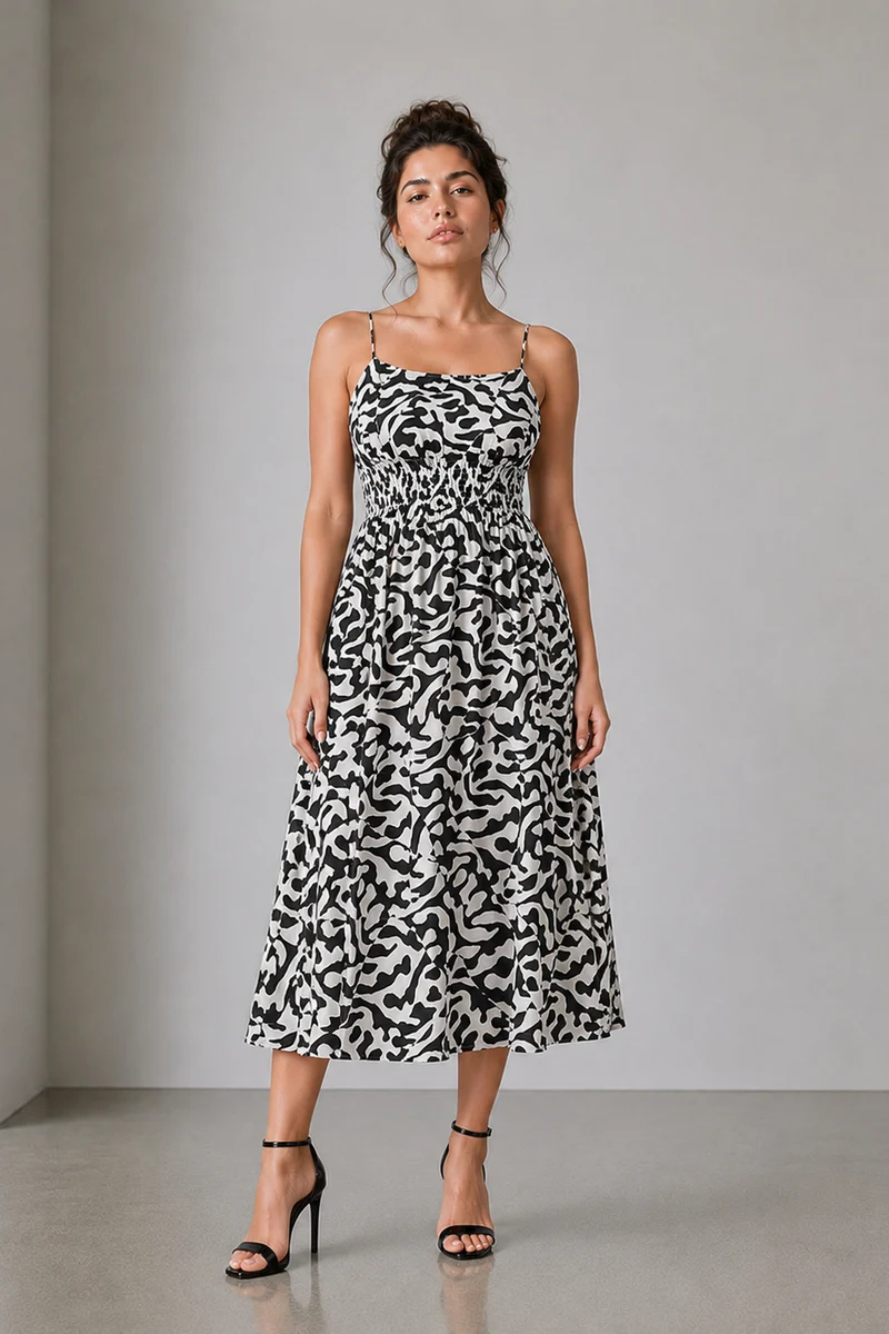 Yika|Cotton Printed Smocked Midi Dress