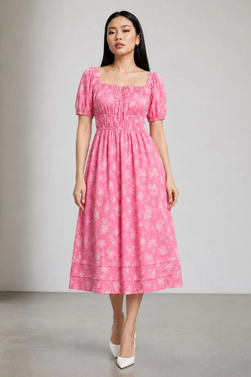 Yikain|Pink Floral 100%Cotton Midi Dress