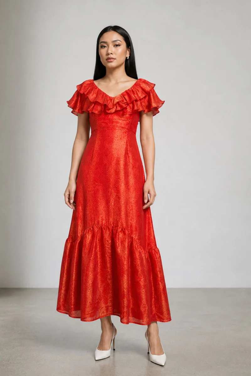 Sinali|Ruffle Detail Maxi Dress With A Lustrous Finish