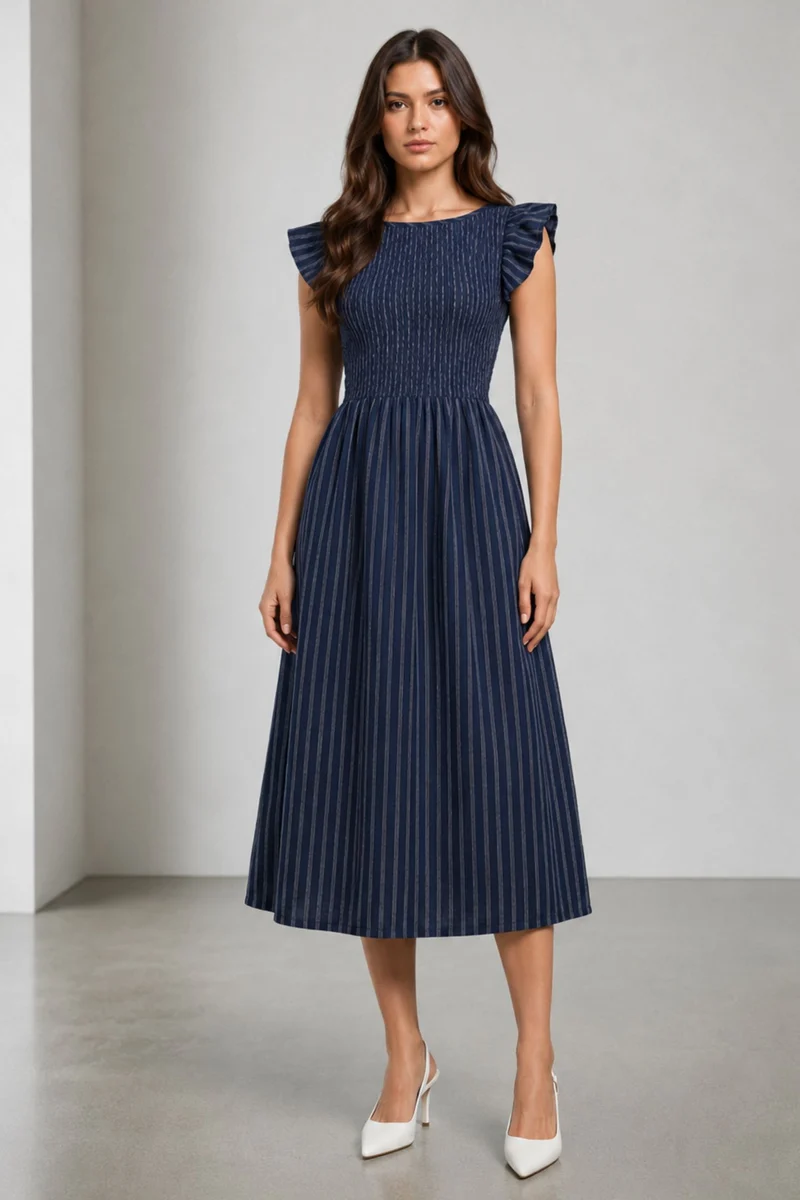 Fionae|Navy Striped Cotton Slub Boat Neck Midi Dress