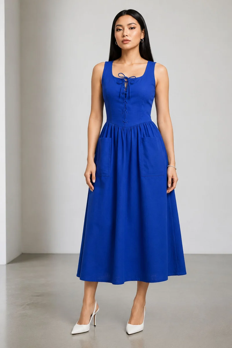 Phoebet|Cotton Lace Up Midi Dress With Tie Back