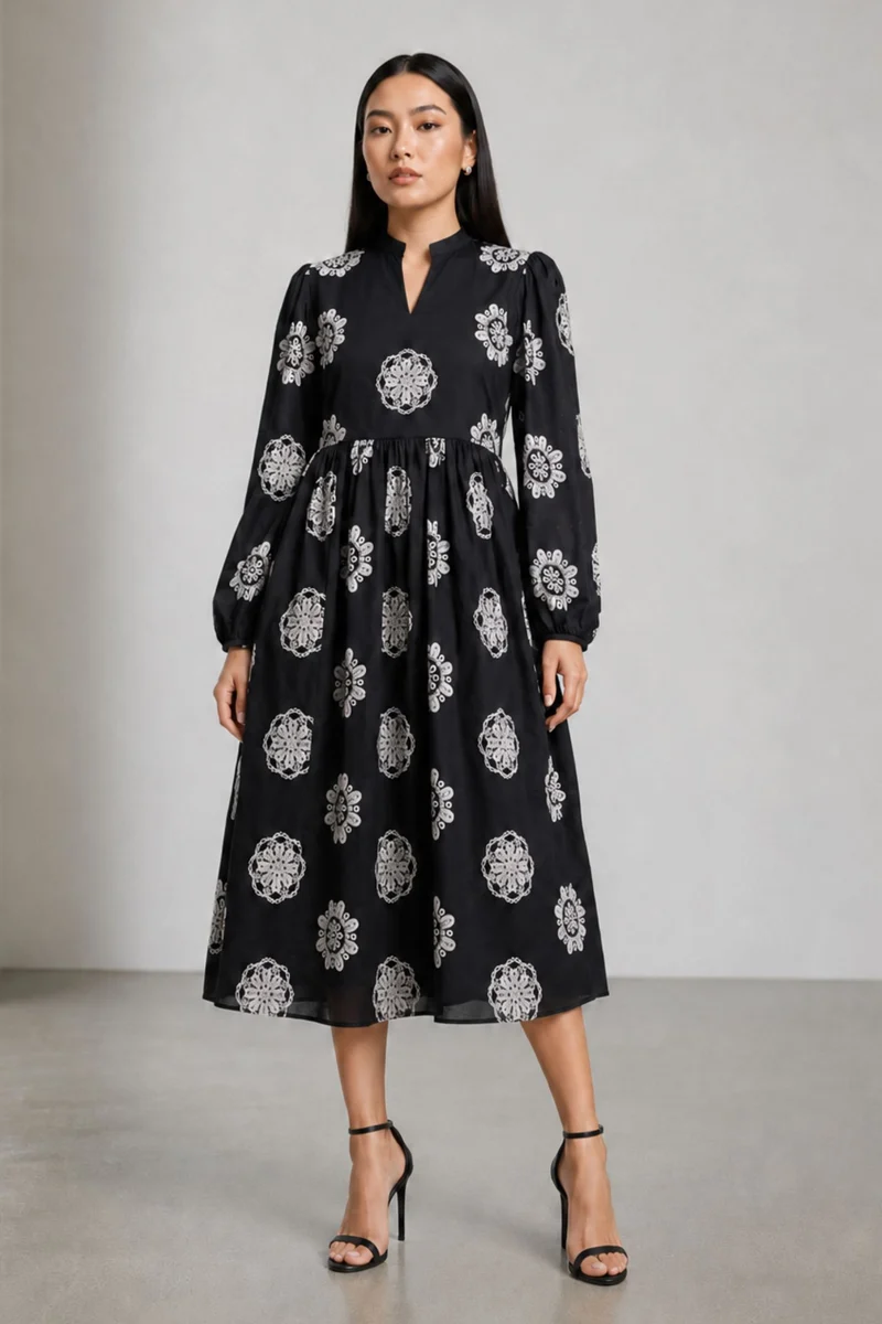 Gilot|Black Embroidered Cotton Midi Dress
