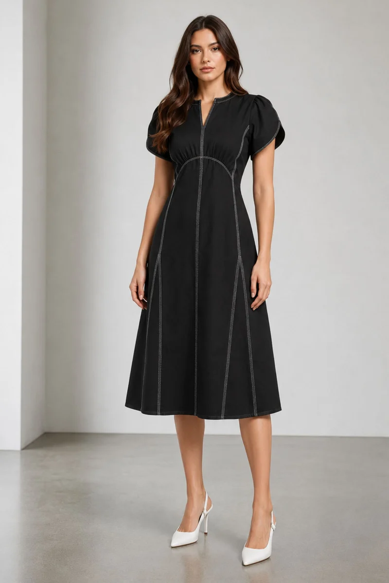 Scarletina|Black Twill Midi Dress With Stitching