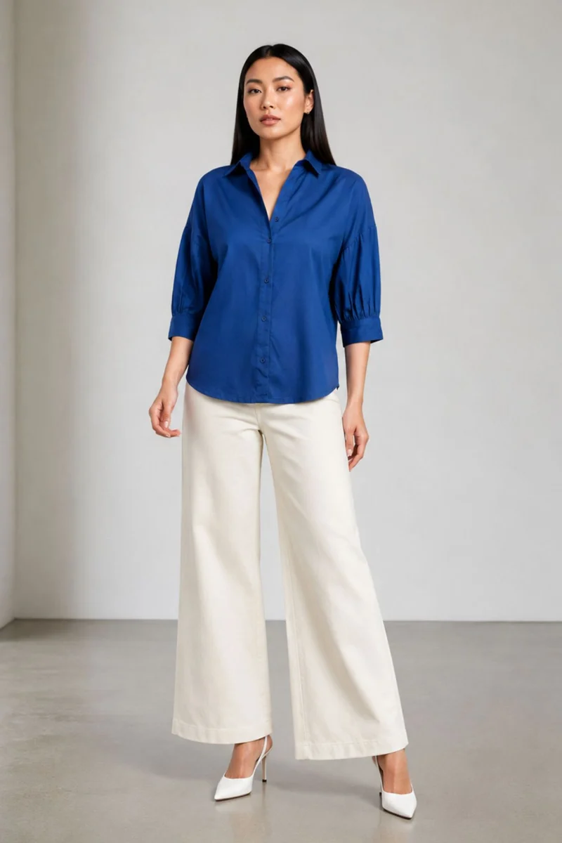Larina|Relaxed Twill Shirt With Gathered Sleeves