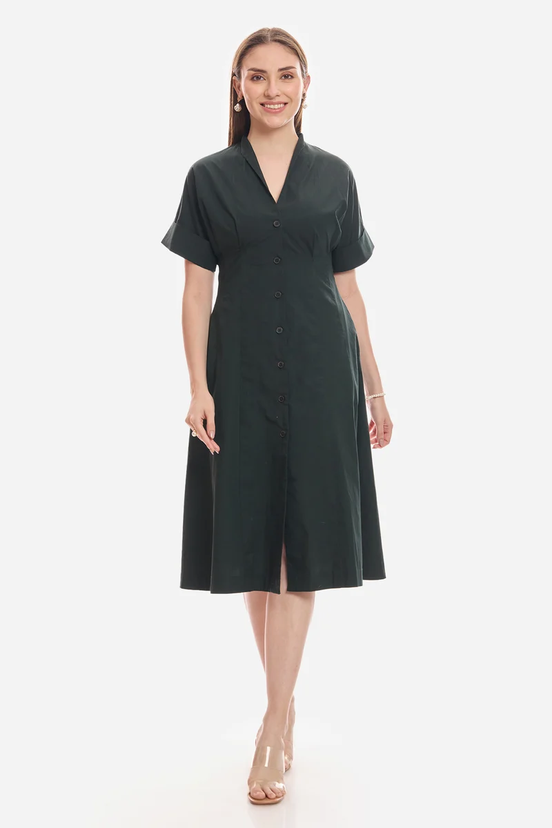Shiel|100% Cotton Pleat Detail Midi Dress