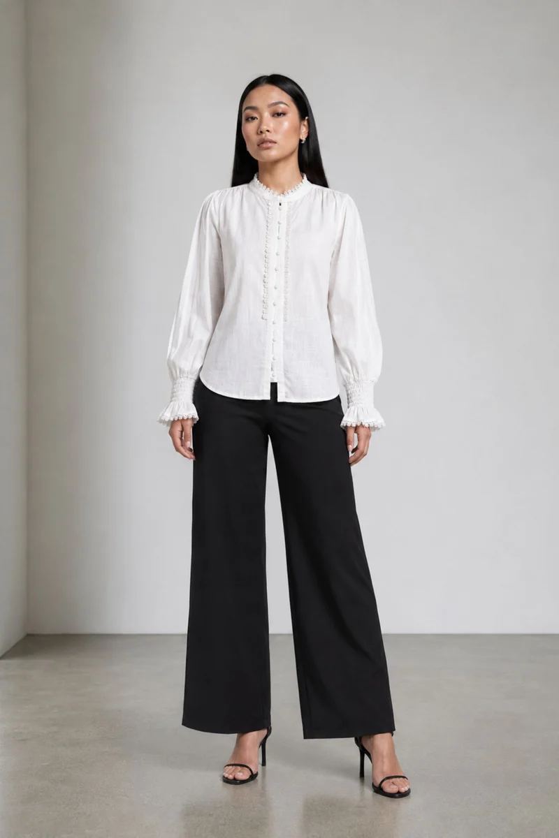 Celestin|Cotton White Dobby Top With Lace Trim
