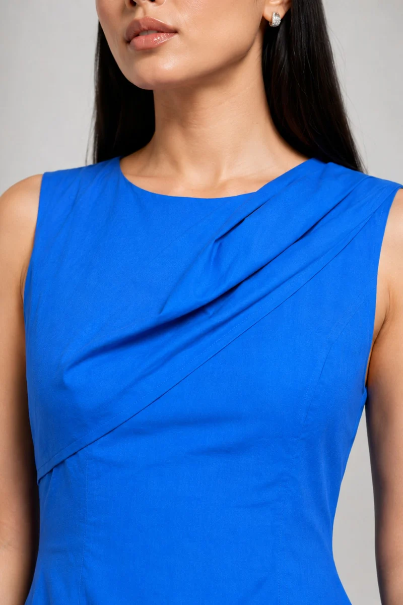 Caleva|Viscose Blue Slub Draped Maxi Dress
