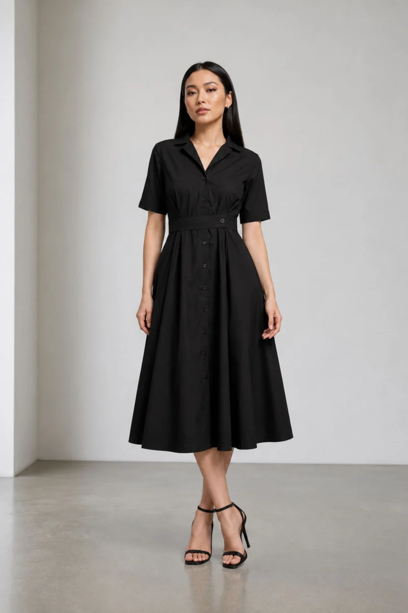 Merova|Cotton Belted Shirt Midi Dress