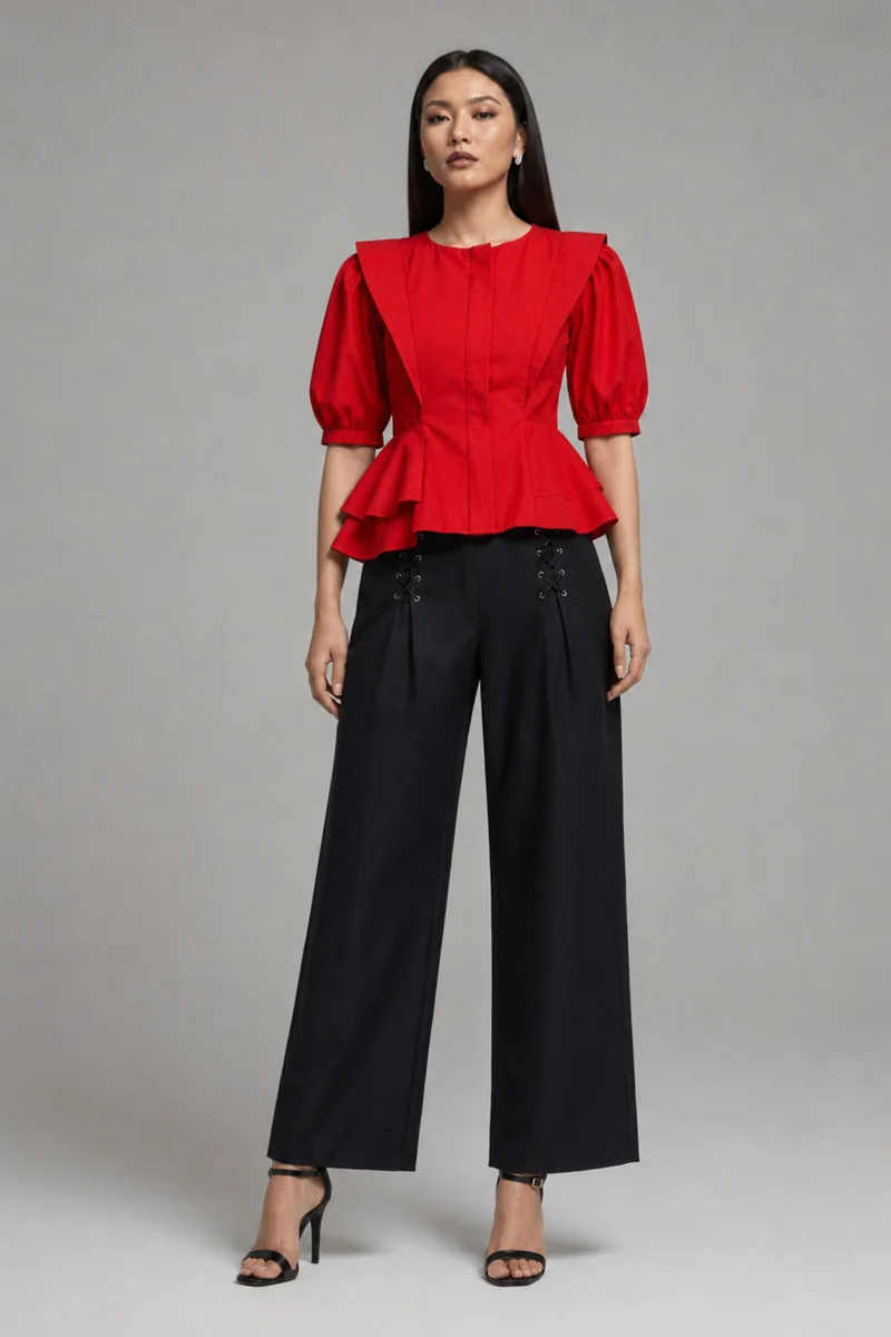 Oliera|100% Cotton Front Zip Closure Peplum Top