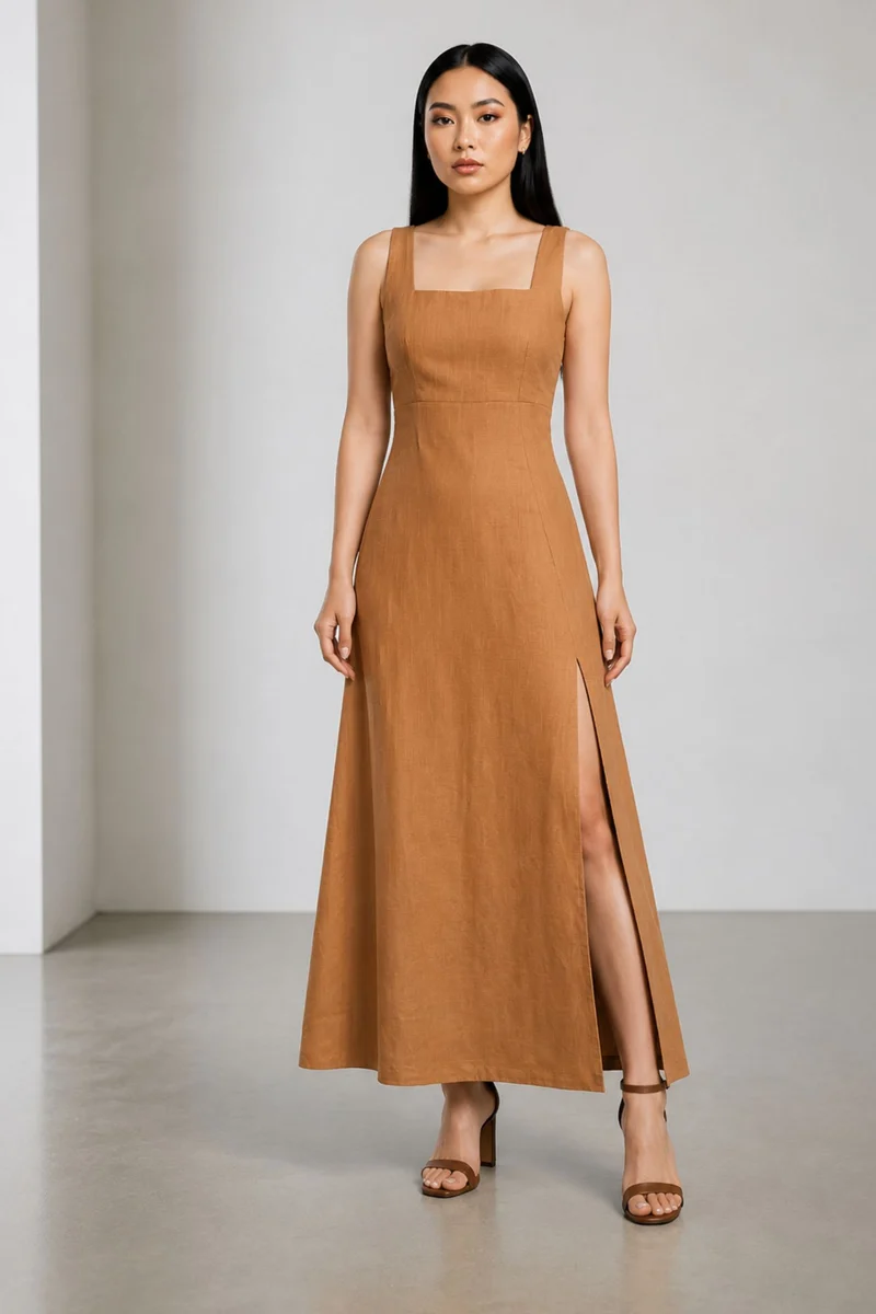 Solisette|100% Cotton Square Neck Maxi Dress