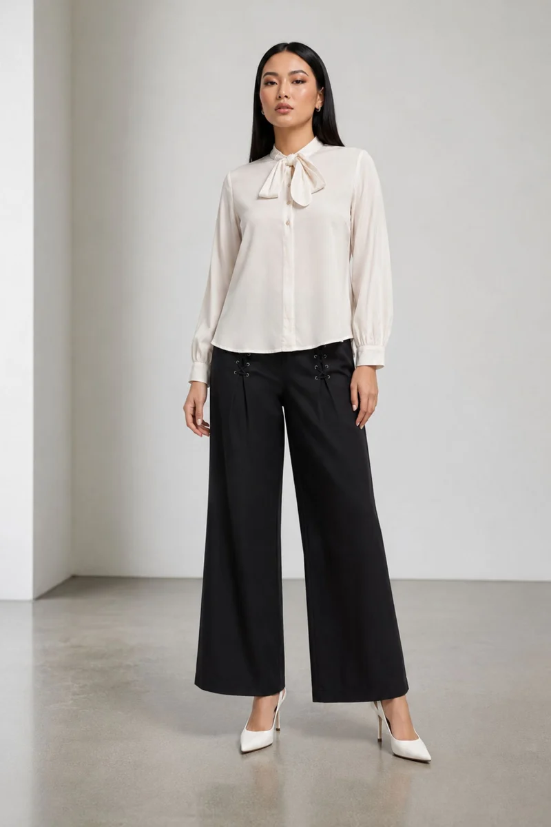 Novelle|100% Viscose Bow Neck Tie Regular Shirt