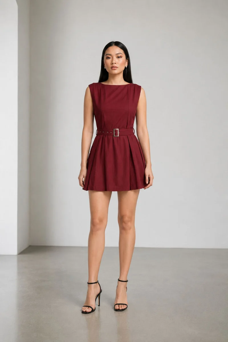 Anelle|100% Cotton Boat Neck Dress With Self-Fabric Belt