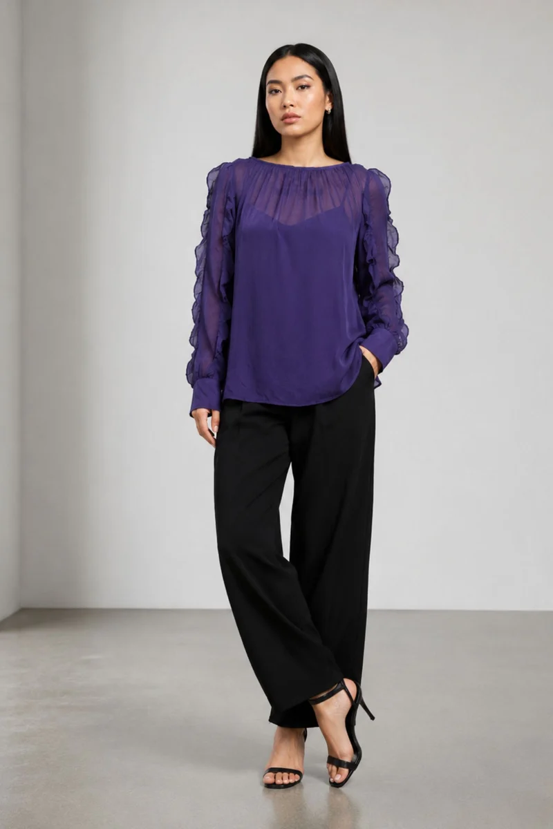 Velvara|Viscose Purple Ruffle Sleeve Top