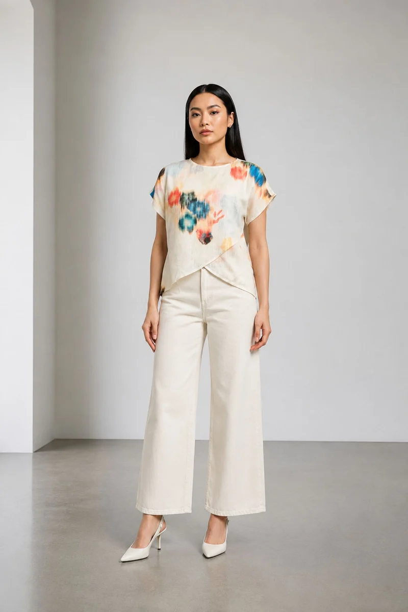 Solne|Linen Printed Asymmetric Wrap Top