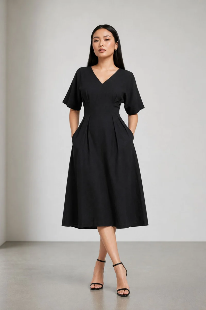 Veloire|Cotton Fit Flare Vneck Midi Dress