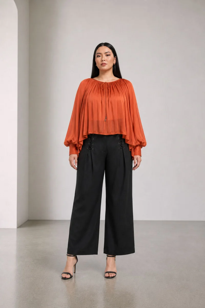 Solonue|Viscose Rust Gathered Puff Sleeve Top