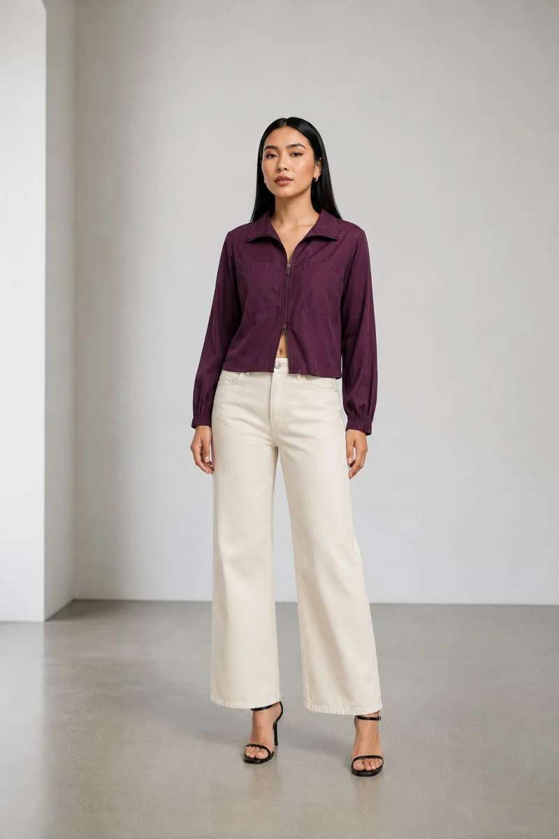 Orelle|Purple Sheer Zip-Up Crop Jacket