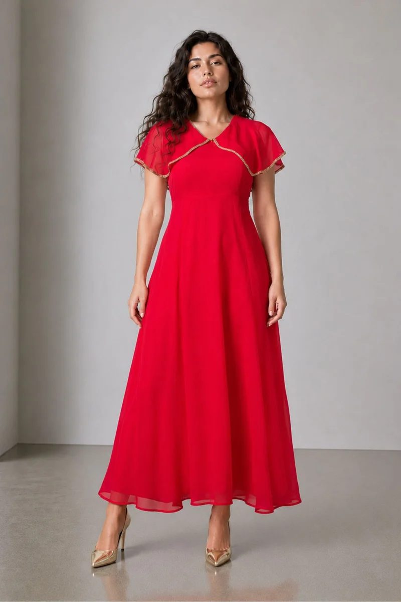 Aither|100% Viscose V Neck Laced Cape Dress