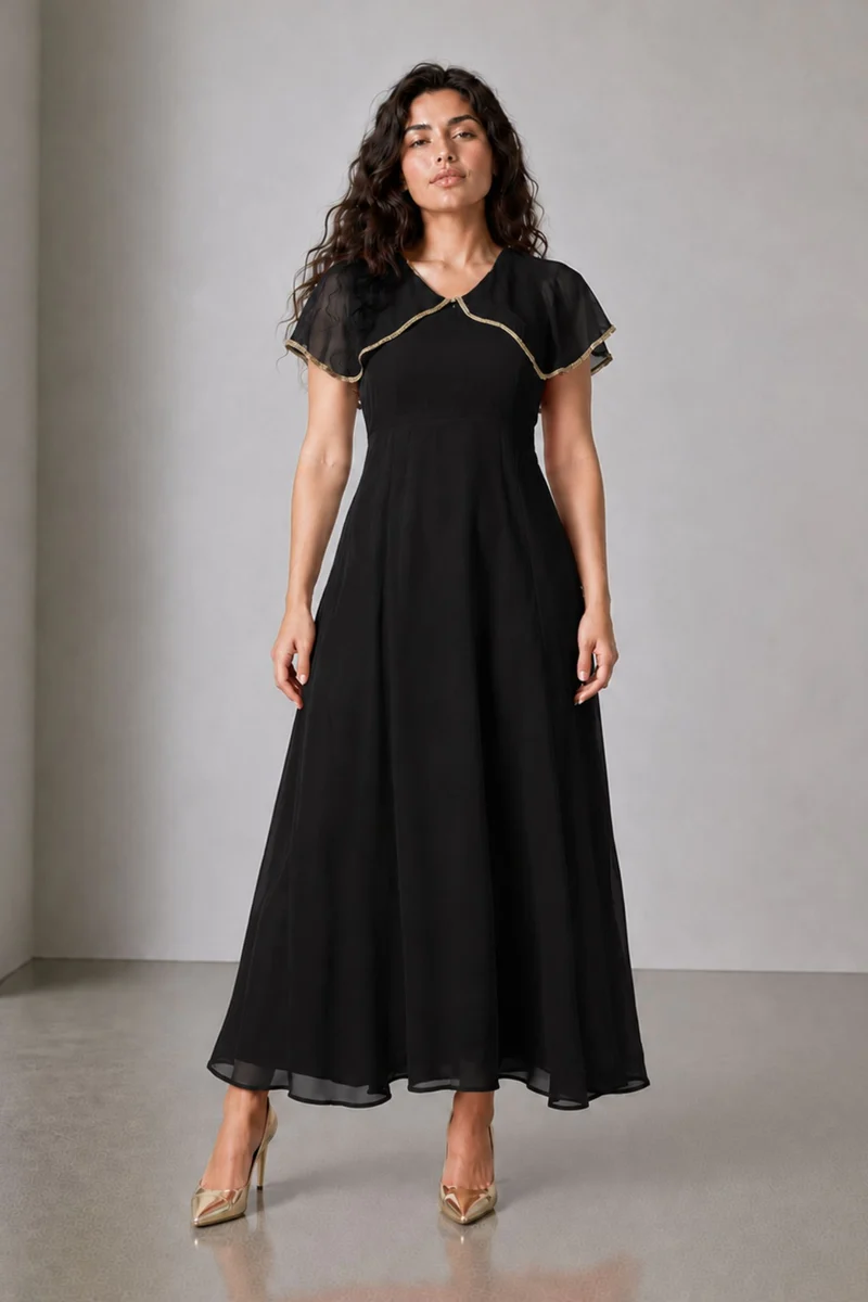 Finel|100% Viscose V Neck Laced Cape Dress