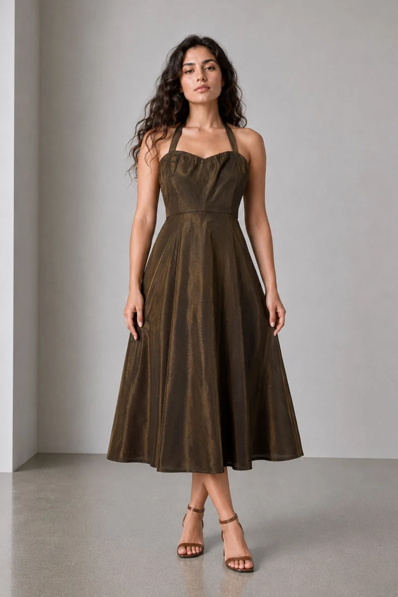 Ismie|Viscose Halter Neck Sweetheart Midi Dress