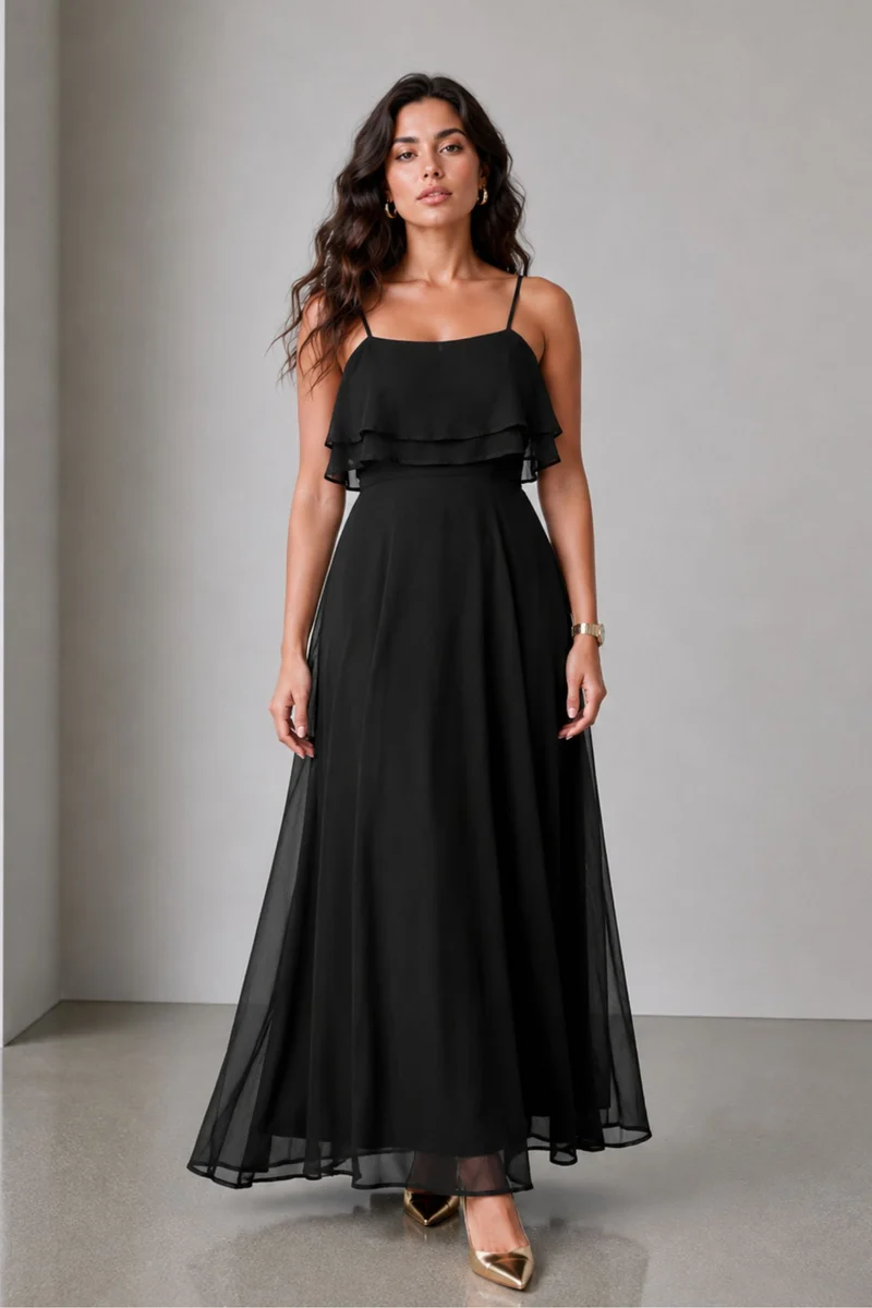 Nemi|Viscose Strappy Ruffle Flared Gown