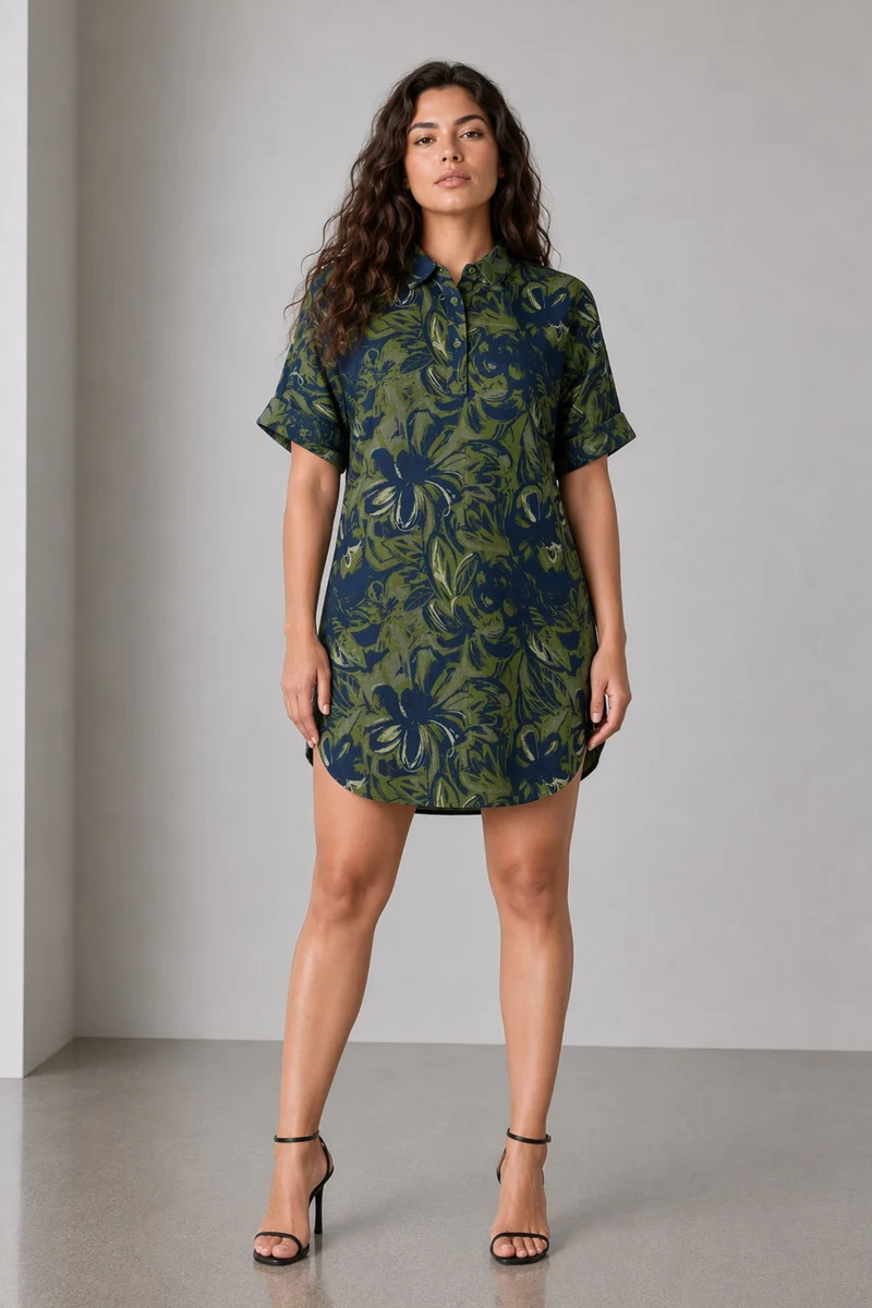 Clova|100% Cotton Curved Hem Relaxed Fit Dress